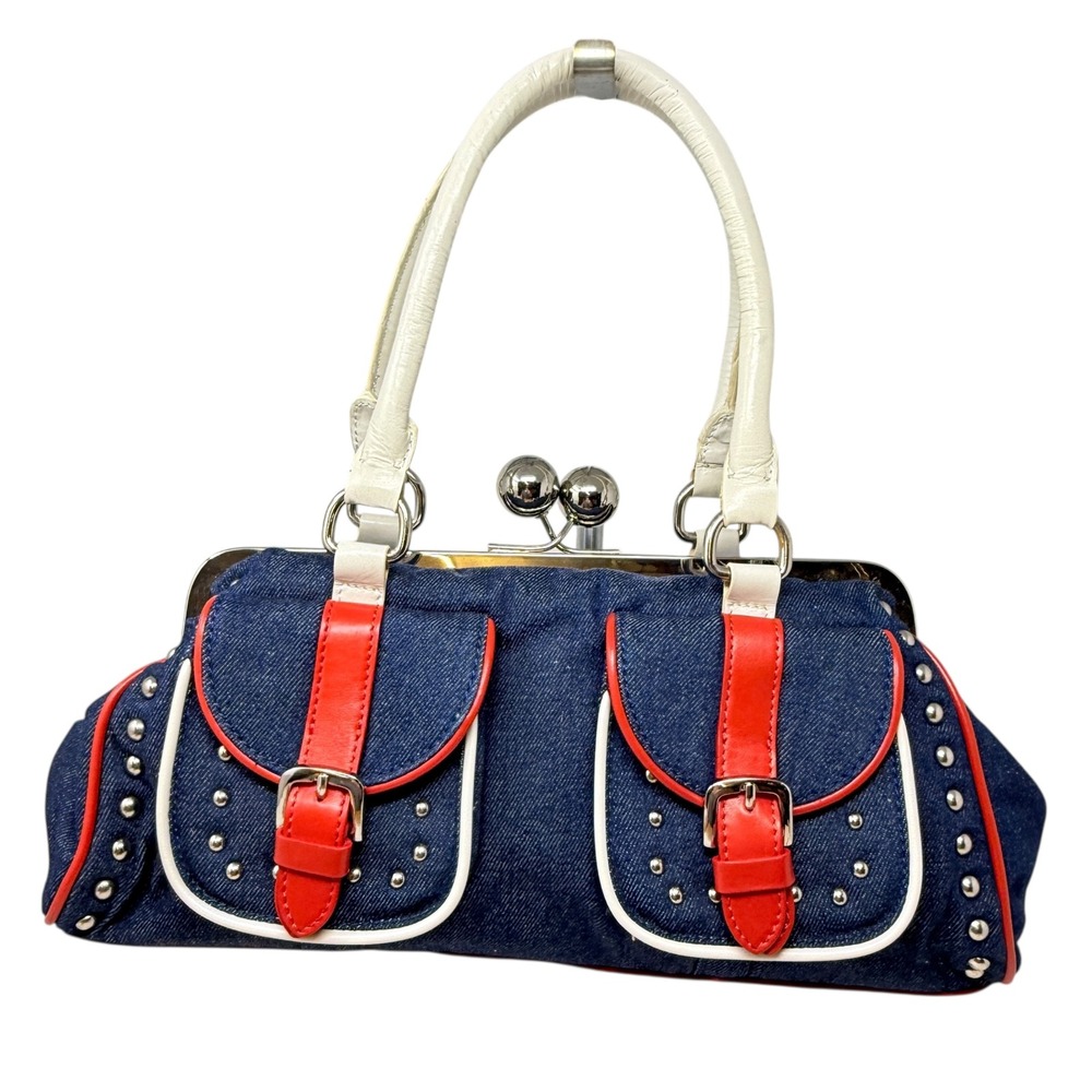 Euro Wellness Women's Purse Y2K  Denim Red White‎ Blue Studded Kiss Lock